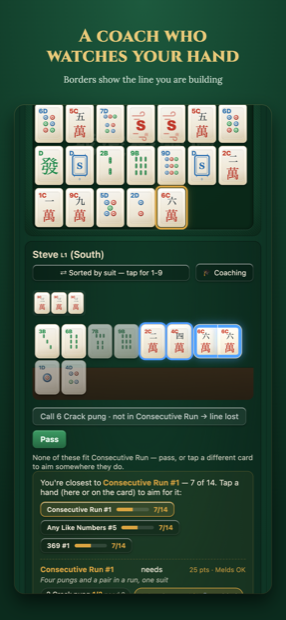 A four-player hand with the coach panel showing the line being built.